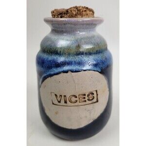 Vtg Flat Earth Stoneware‎ Pottery Vices Corked Apothecary Jar Halloween Decor